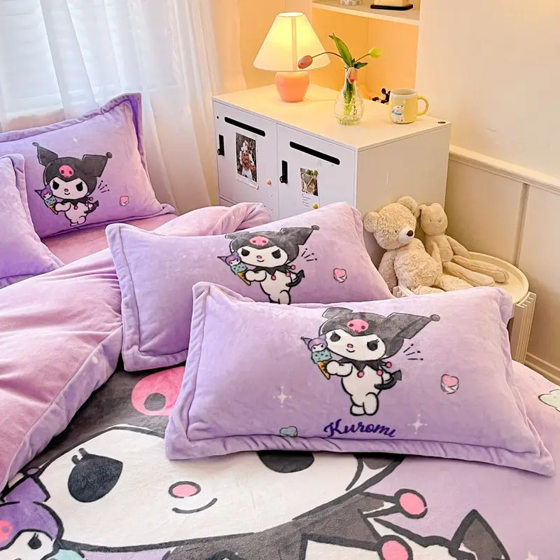 Kuromi Cinnamoroll Milk Velvet Bedding 4Pcs Anime Cartoon Double-Sided Velvet Bed Quilt Cover Sheet Dormitory Three-Piece Set