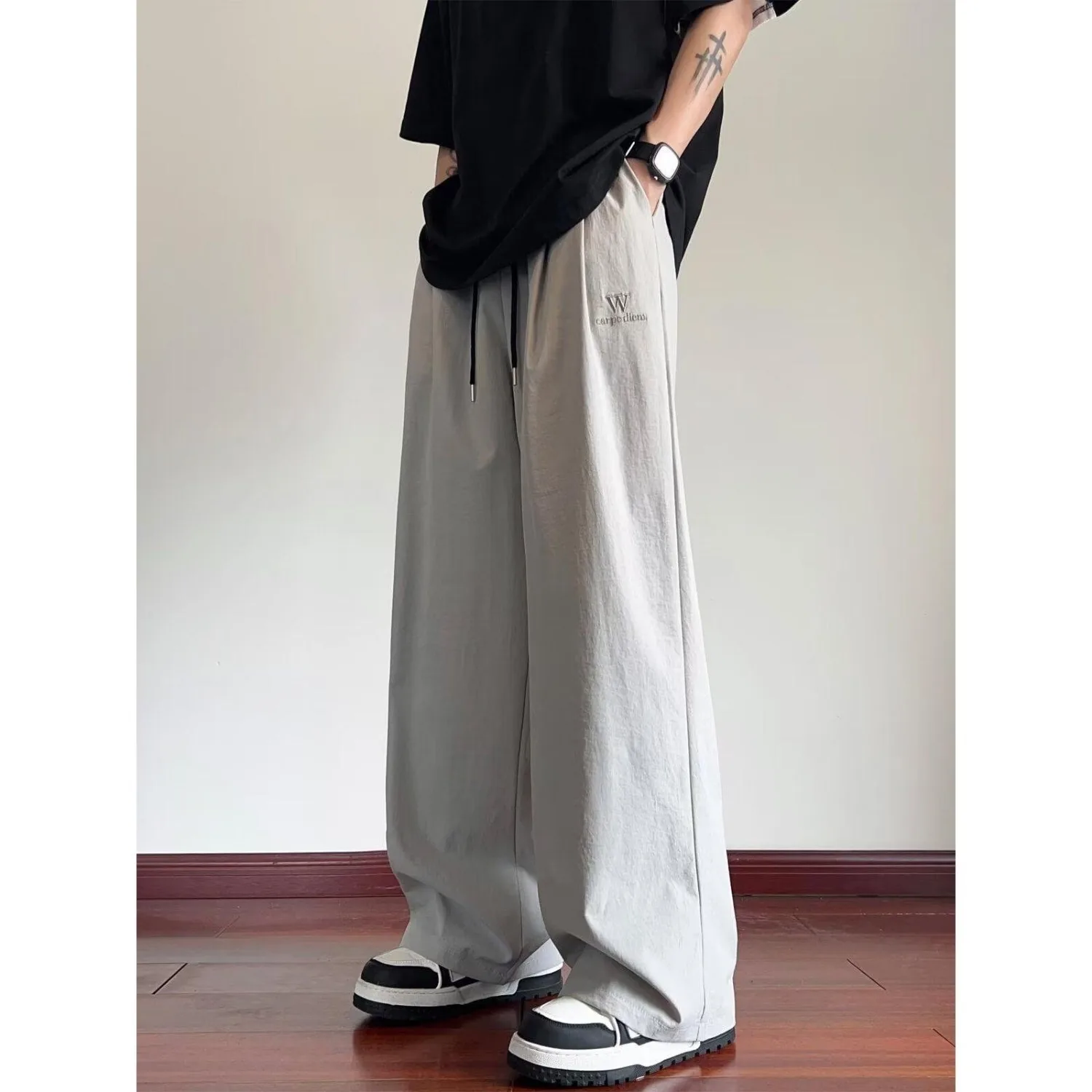 

Мужские повседневные брюки из ледяного шелка, модные универсальные брюки в корейском стиле с подвеской, тонкий пол