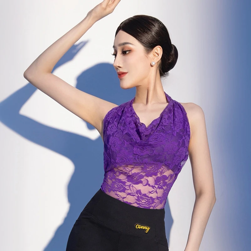 

Summer Latin Dancewear Top Women Purple Lace Halter Bodysuit Sexy Backless Latin Tops Rumba Ch Cha Dancer Training Clothes 3768