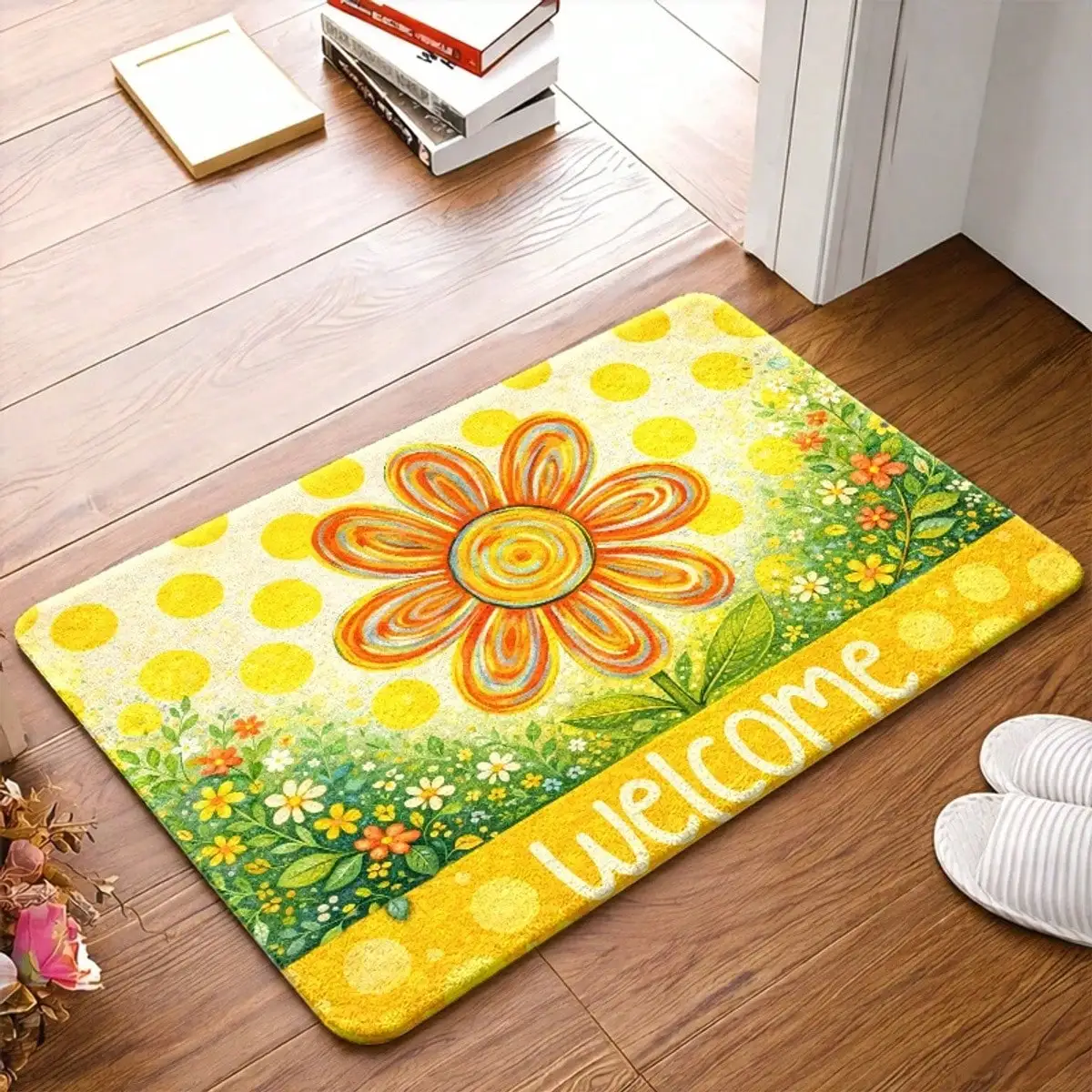 Door And Floor Mats Use A Dotted Rubber Bottom Design Are Slip-Resistant With Floral Welcome Mat Printed Pattern, Suitable For Use As Entryway Mats, Living