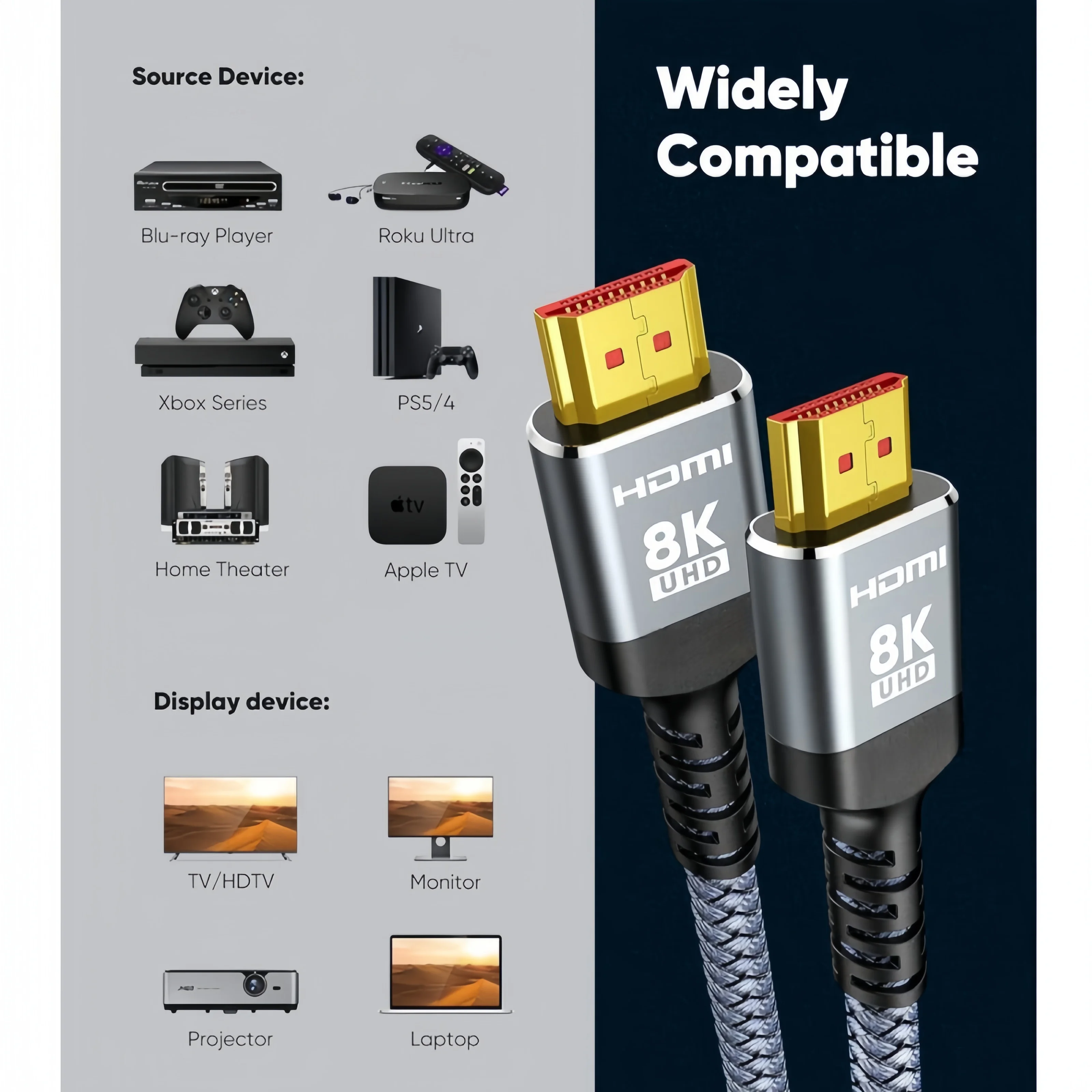 2-Pack 8K HDMI 2.1 Cables,  48Gbps , High Speed Braided Cord-4K@120Hz 8K@60Hz Compatible With Roku TV/PS5/PS4/HDTV/RTX 3080 3090