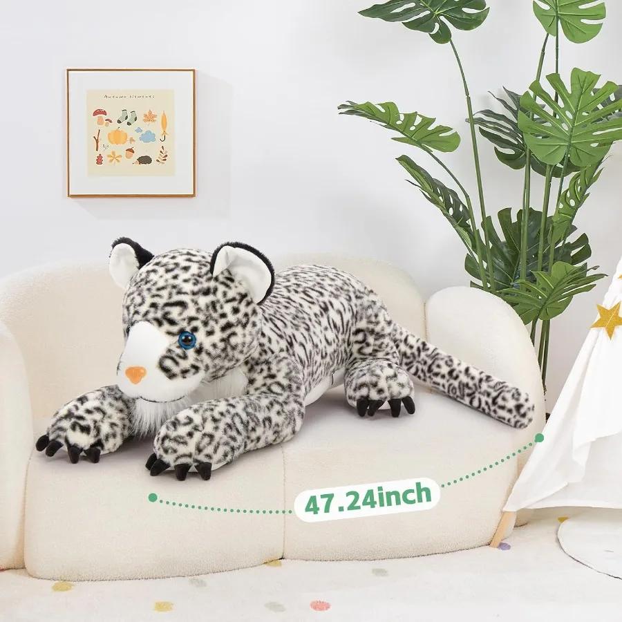 MaoGoLan Riesiges Schneeleoparden-Stofftier-Kissen 47, weiches, flauschiges Geparden-Plüschtier, großes, realistisches Jaguar, verstopftes Weihnachtsgeschenk