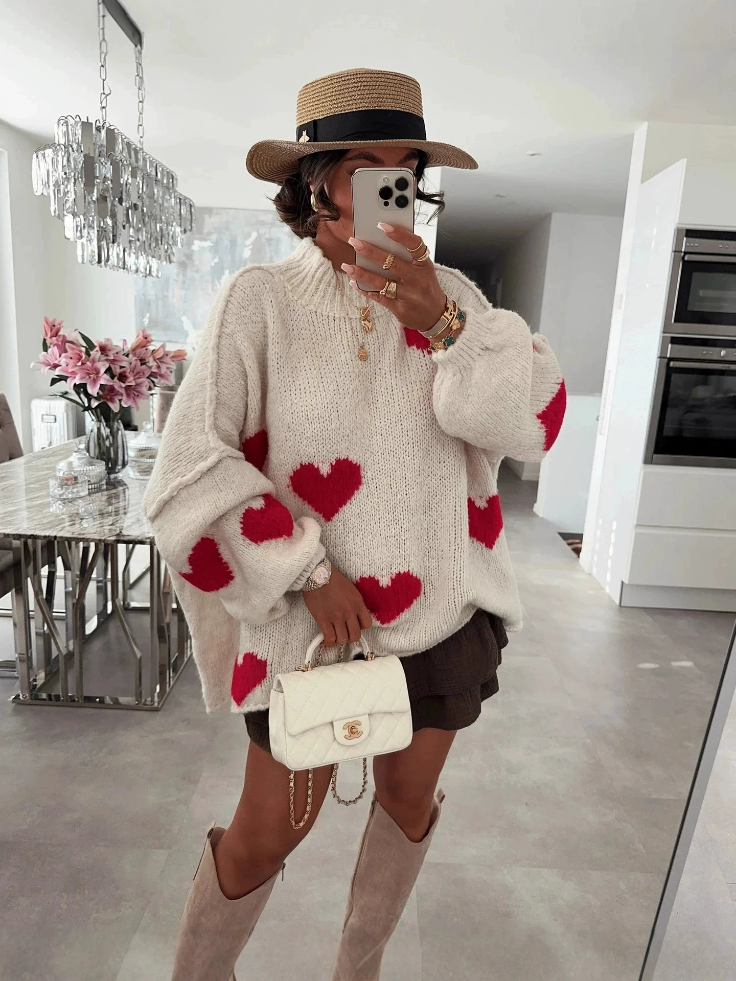 

Autumn and winter new style reverse bone embroidery heart jacquard contrasting loose knit sweater pullover for women