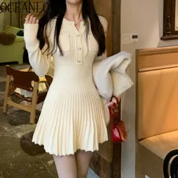 OCEANLOVE Knitted Women Dresses Autumn Winter Korean Fashion Chic Vintage Vestidos Para Mujer High Waist Solid Mini Dress