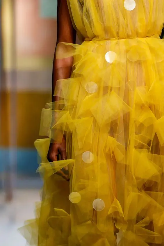 Golden Yellow Tulle Dress Lush Mesh Layered Formal Occasion Gowns Sheer Long Women Dresses Ruffled Bloosm Neckline