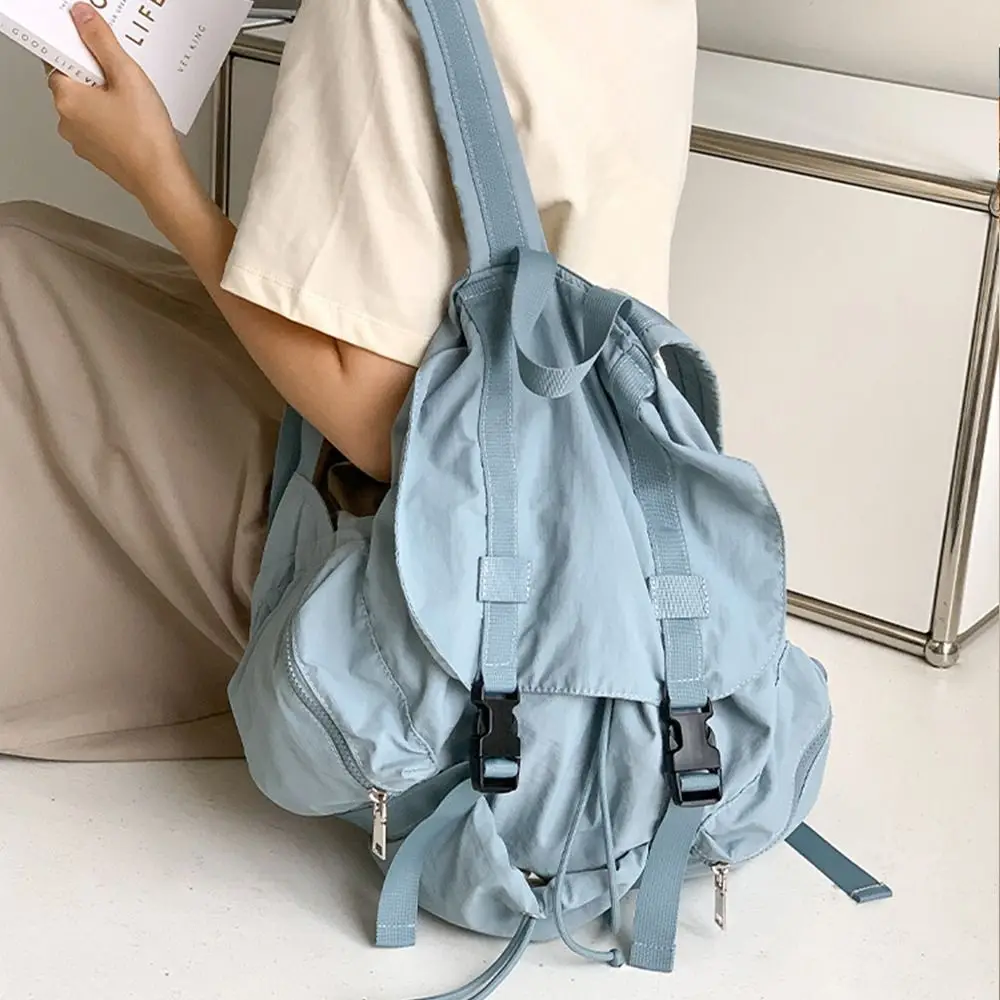 Solid Color Drawsting Backpacks Light Weight Large Capacity Ruched Shoulder Bags Casual Nylon Student Schoolbag Men Women