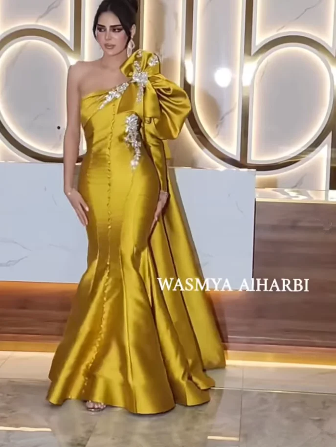 Gold Long Mermaid Prom Formal Dresses With Ribbon One Shoulder Crystal Applique Saudi Evening Gown Pastrol Unis customsized