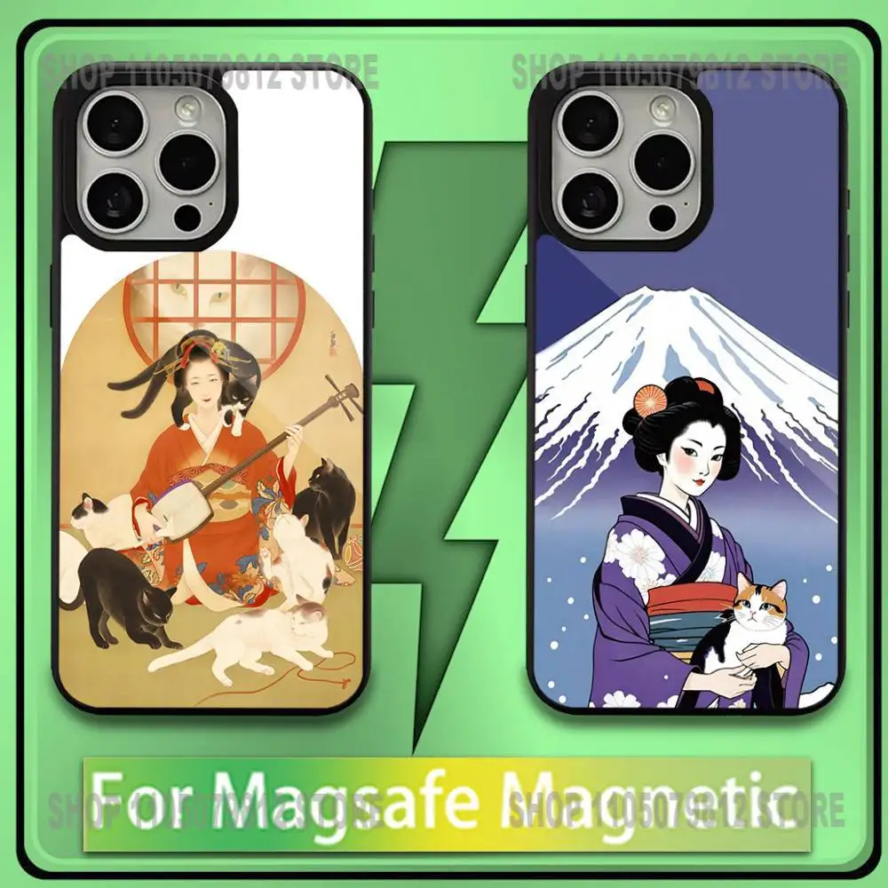 

Japanese Kimono Cat Phone Case For iPhone17,16,15,14,13,12,11,Plus,Pro,Max,Mini Soft Magesafe Magnetic Wireless Charge