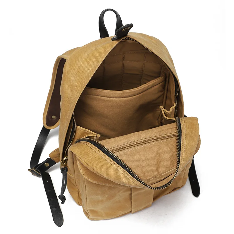 Waxed Canvas Drawstring Backpack Waterproof Vintage Rucksack with Snap Button Flap Pocket Spacious Laptop Compartment Daypack