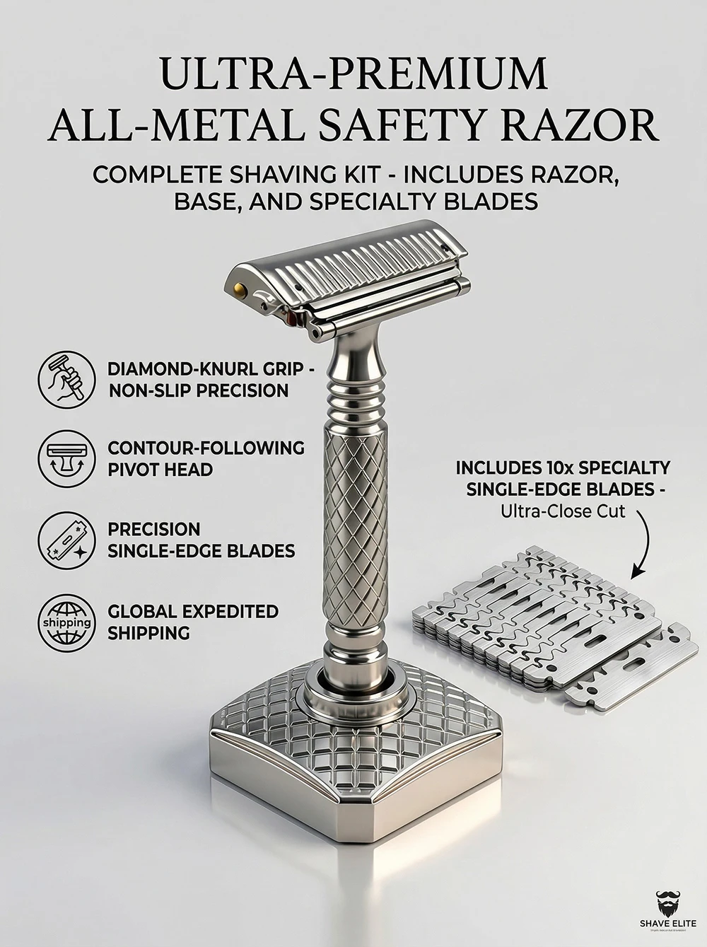 Shavcooo GP700S Pro 4D Premium CNC 316L Edelstahl Rasierer mit Ständer für Herren, Dual Half One Blade Sicherheitsrasierer-Set – Detail 3