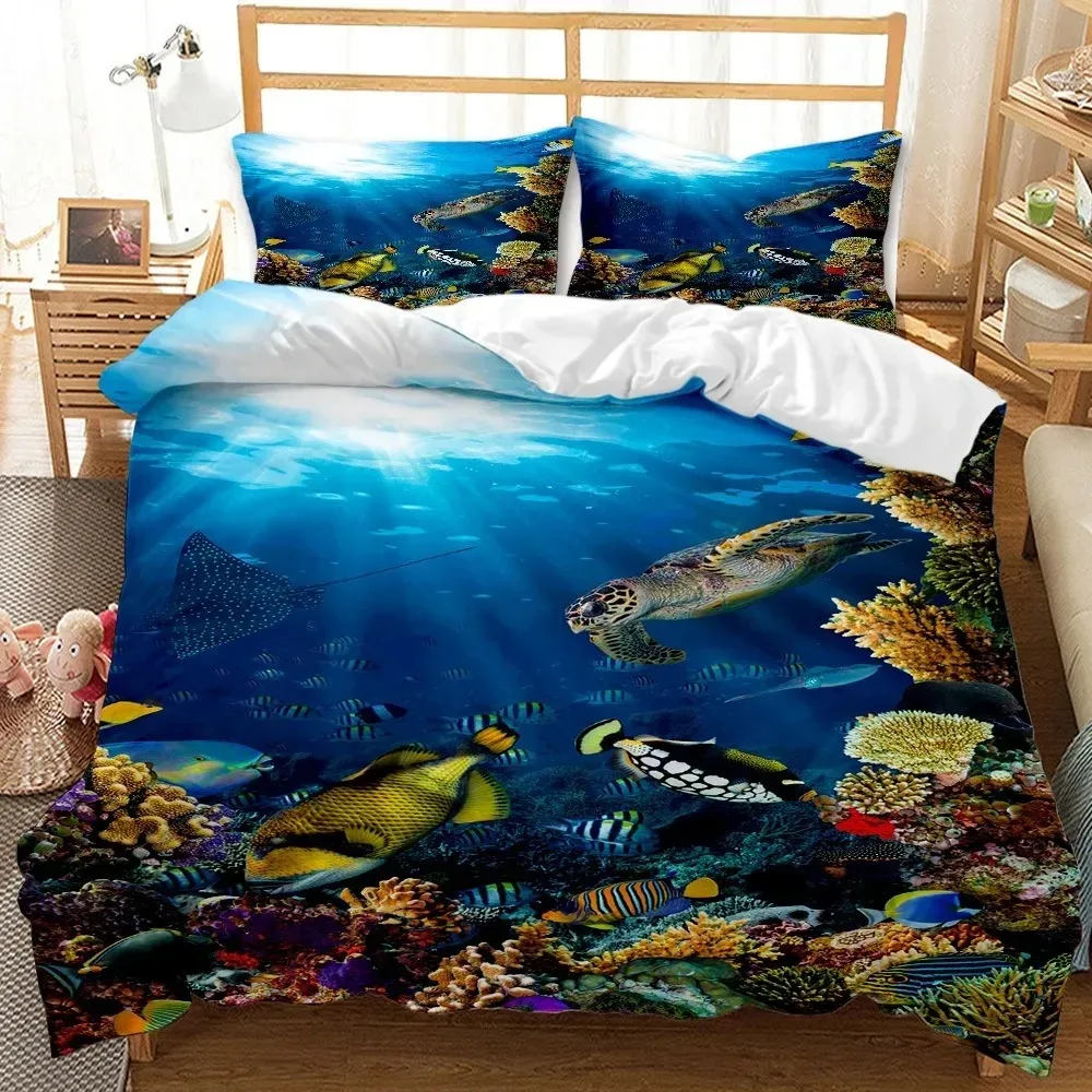 Underwater World Bedding Set Duvet Cover Pillowcases Twin Full Queen King Bed Linen 3D Print Sea Fish Duvet Cover Sets