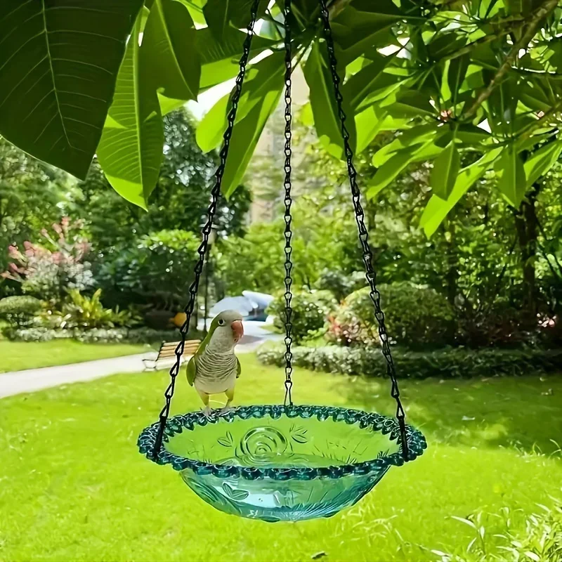 Hanging Bird Bath Feeder Set with Chain Outdoor Garden Patio Decor Floral Design PP Bird Water Dish Yard Bird Feeder Tool