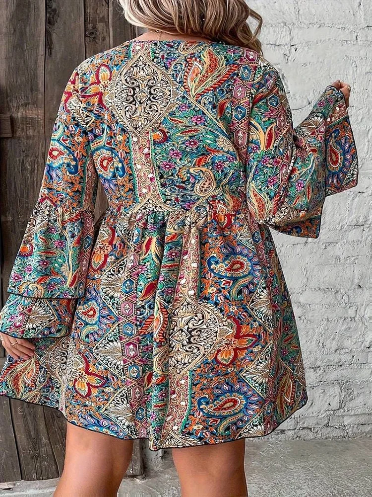 GIBSIE Plus Size Ethnic Style Print Boho Mini Dress Women Spring Autumn V-neck Layered Flare Sleeve A-Line Dresses 2024 New