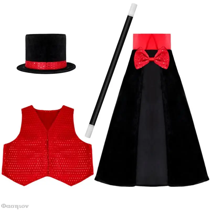 

Kids Magician Role Play Cloak Waistcoat Cape Hat Magic Wand Set Jazz Dance Outfit Children School Cosplay Costume Performance