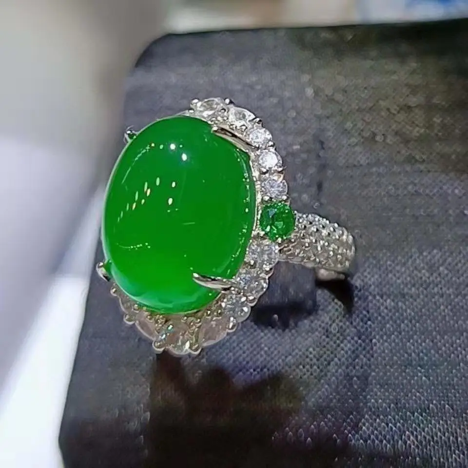 Natural Ice Chalcedony Ring Jade Inlay Jade Imperial Green Adjustable Color Agate Ring