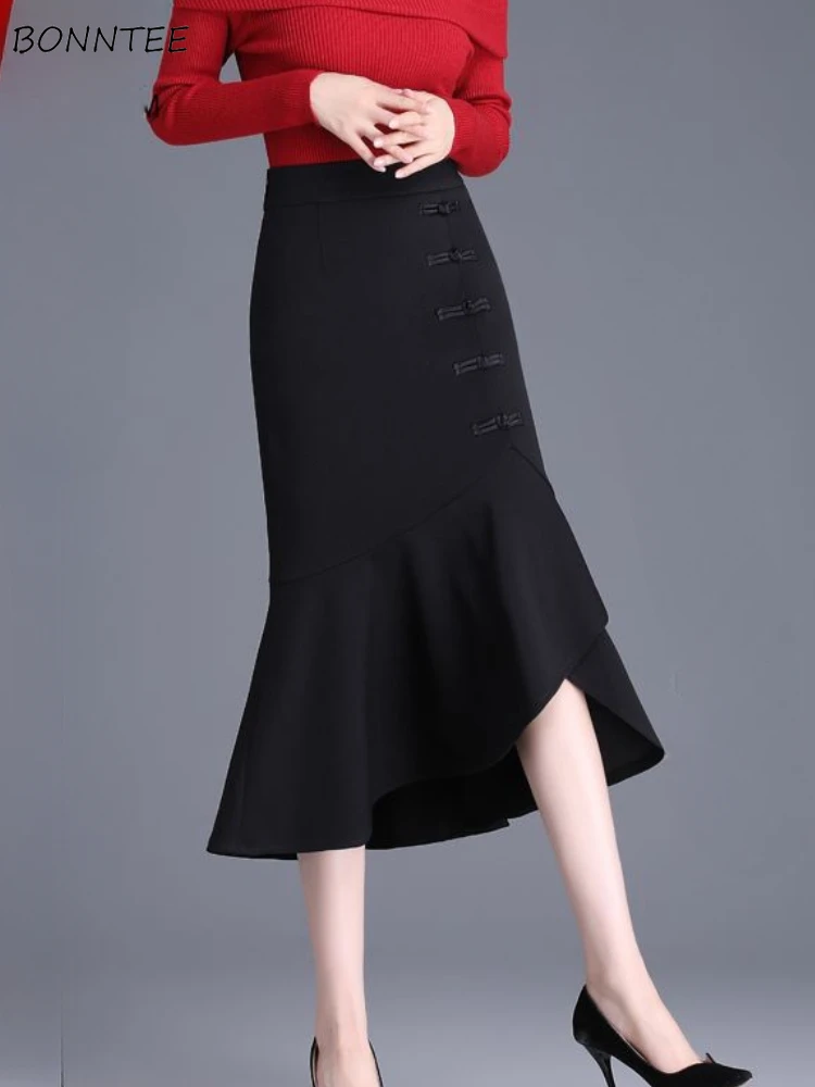 Trumpet Skirts Women Korean Fashion All-match Solid Office Lady Designed Wrapped Hip Aesthetic Faldas Baggy Casual Age-reducing