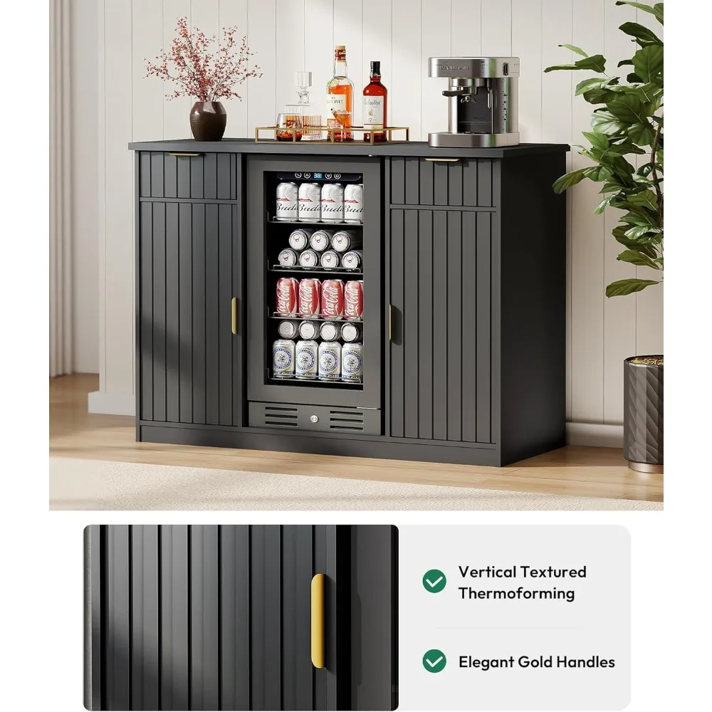 خزانة بار القهوة المخددة مع مساحة الثلاجة - خزانة بار النبيذ مع درج وتخزين الباب، وحامل ثلاجة صغير مع مخرج طاقة