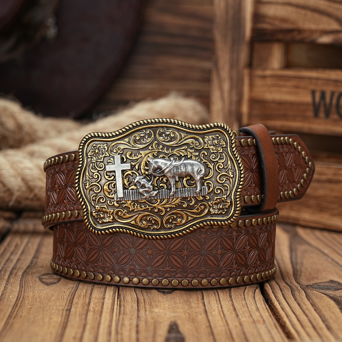 Men & Women-Western-Cowboy-PU Leather-Belts - Vintage horse Belt Floral Engraved Buckle Belt for Jeans