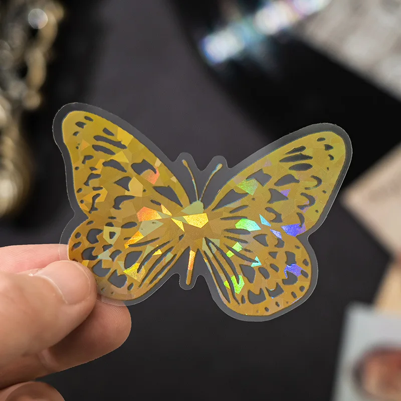 20Pcs/bag Laser Psychedelic Butterfly PET Sticker Scrapbook Journal DIY Transparent Cut Film Decal Beautiful Laptop Mirror Deco