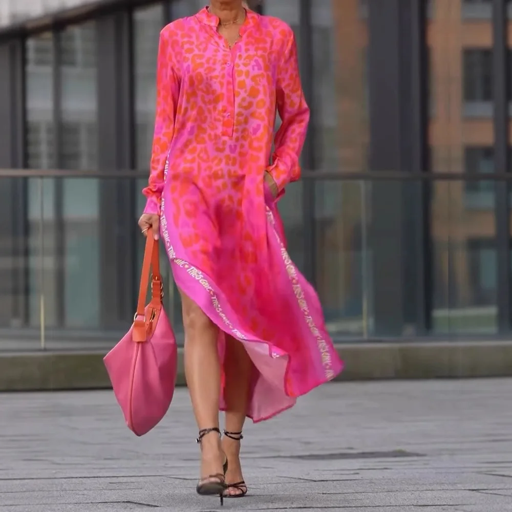 

Элегантное вечернее платье с леопардовым принтом и длинными рукавами, женское весенне-летнее повседневное платье трапециевидной формы на пуговицах, модное длинное платье с разрезом для отпуска