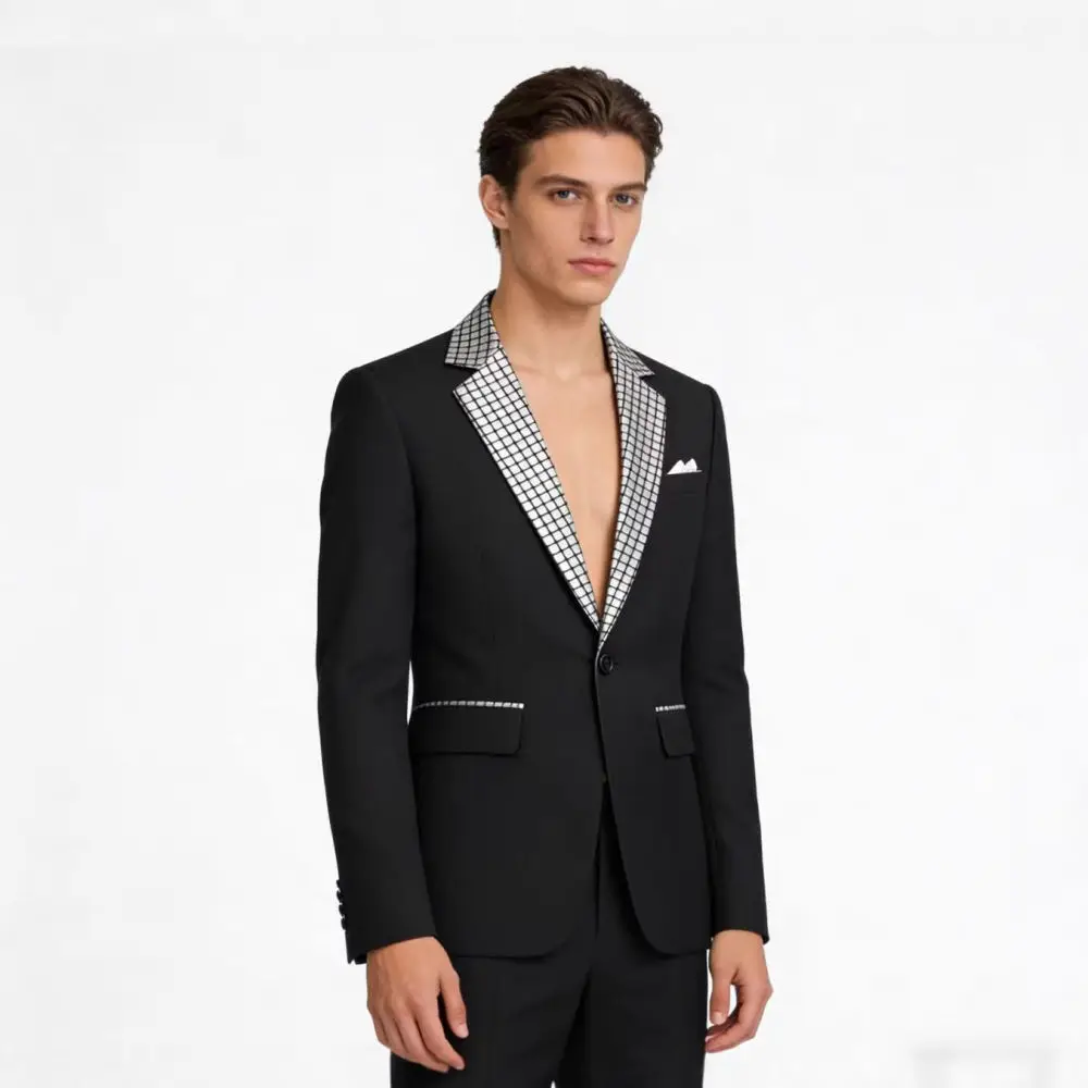 Mens Blazer Jacket Slim Fit Plaid Patchwork Modern Casual Business Suit Coat Elegant Urban Style For Young Adult Men