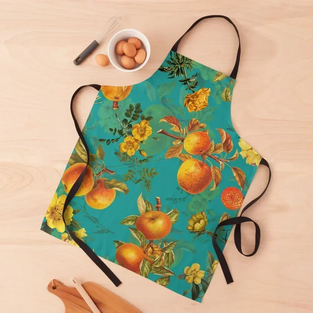 

Vintage Flowers and Golden Apples on teal Apron Chef Uniform Women Woman Kitchens kitchen utensil esthetician Apron