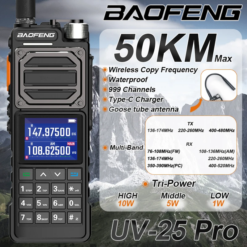 BAOFENG-walkie-talkie táctico UV-25 PRO, alta potencia, banda completa de 50KM, copia de frecuencia de 999CH, Radio Ham bidireccional tipo C, nueva actualización