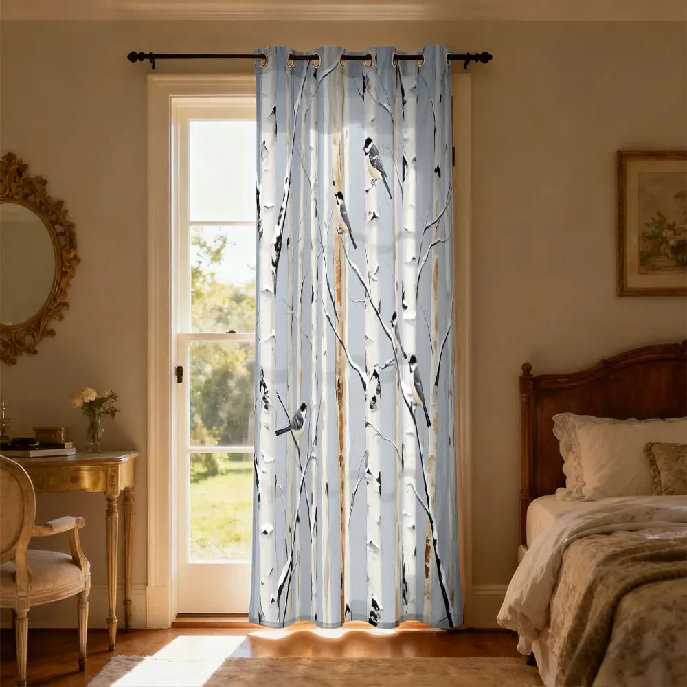 1pc birch forest titmouse print single-loop curtain single-loop curtain living room  bedroom door  home decoration view 5