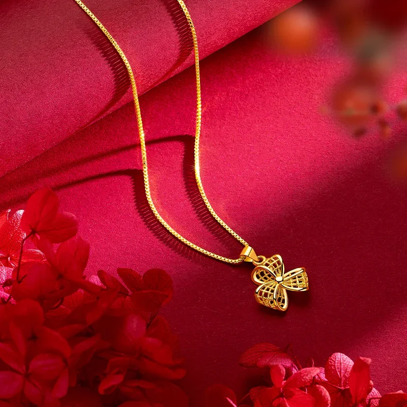 9999 real gold 24K yellow gold Women's Hollow-out Three-petal Grass Windmill Necklace