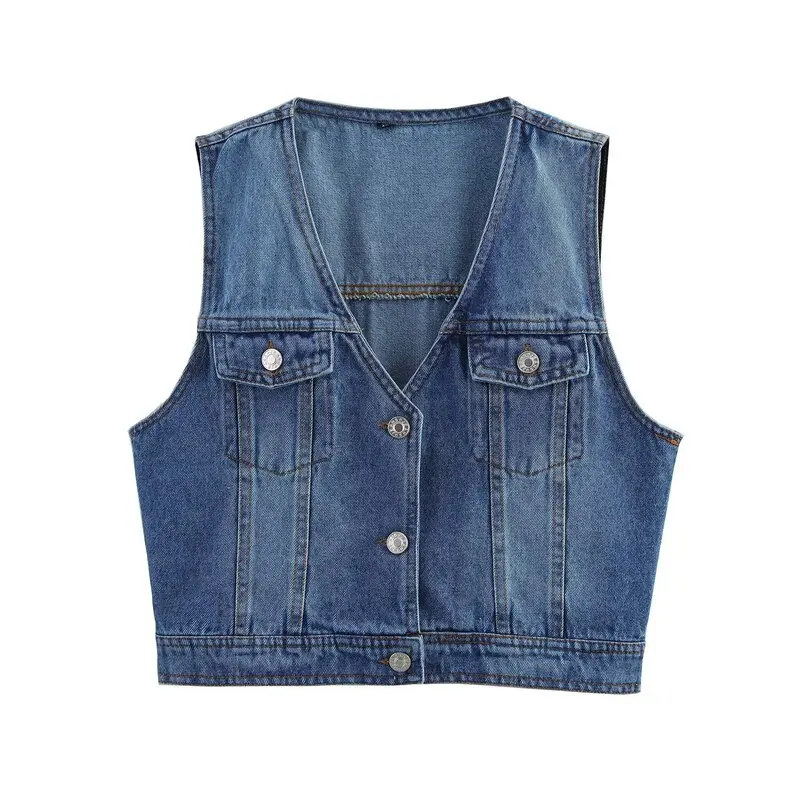 Conjunto de Primavera 2025 Moda Fena Colete Curto de Jeans Sem Mangas com Decote em V Calças Cridas de Cintura Alta No...