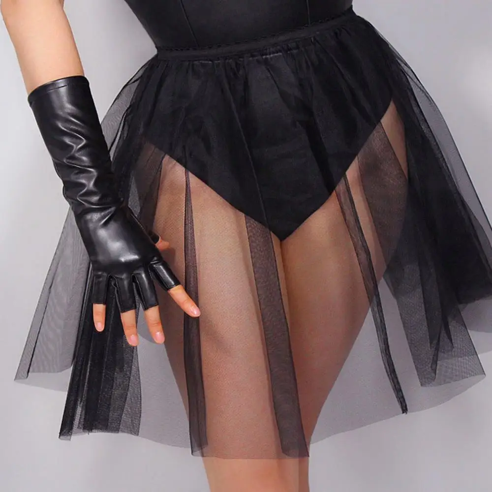 نساء موضة طويلة قفازات جلدية حقيقية شتاء دافئ صوف مبطن أصابع قفازات فاسق قفازات سوداء تأثيري اكسسوارات الحفلات