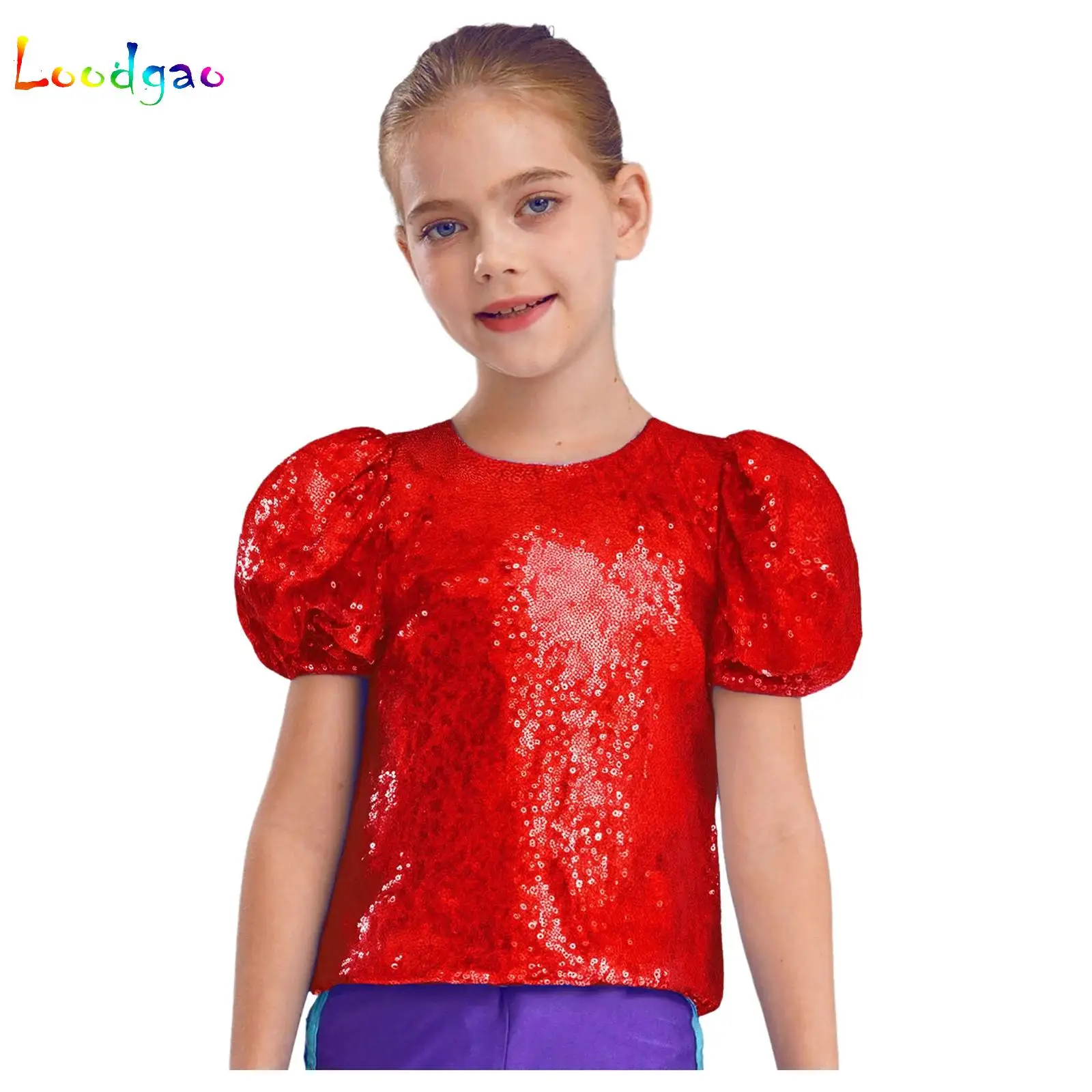 

Kids Girls Shiny Sequins Tops Fashion Short Puff Sleeves Tshirt Tee T-shirt Modern Latin Jazz Dancing Stage Performance Costume