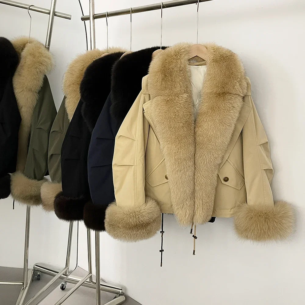 Jaqueta de pele grande gola de pele de raposa real quente feminino 2025 outono inverno pato branco para baixo casaco à prova dwaterproof água feminino grosso puffer jaqueta