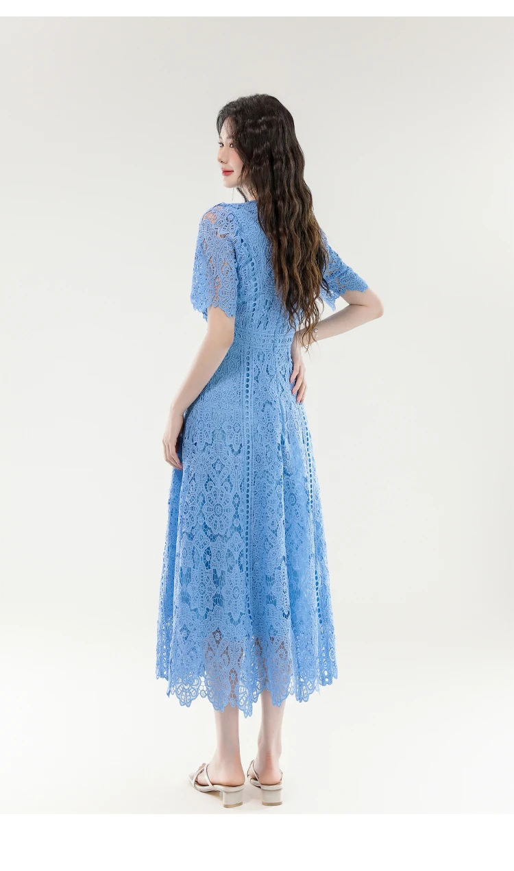 อารมณ์ Vintage Holiday Lace Hollow Out ชุดราตรีสําหรับสตรีฤดูร้อน Slim Elegant แขนสั้นชุดยาวเสื้อผ้าหญิง