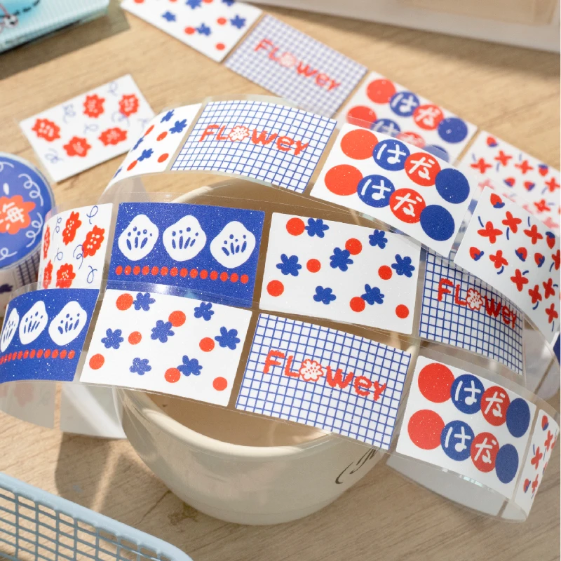 Kawaii Floral Print Label Sticker Tape Creative Collage Handmade Journal DIY Diary Album Scrapbook Aesthetic Stickers