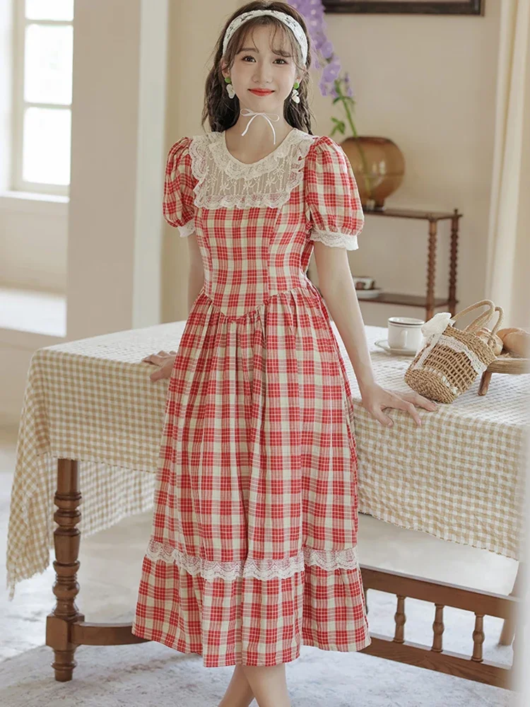 2025 Korean Fashion Casual Holiday Dresses Summer Red Plaid Puff Sleeve Chic Lace Casual Dress Women Elegant Bodycon Prom Dress