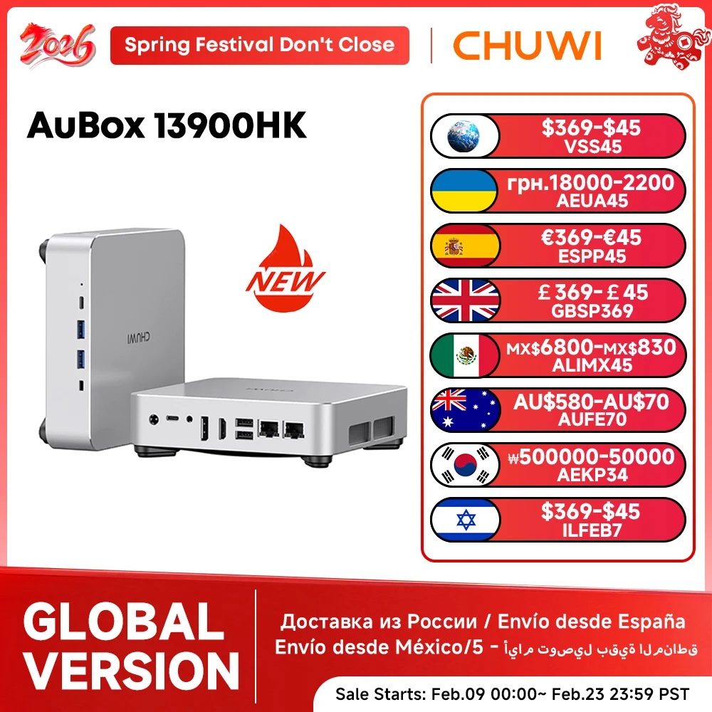 CHUWI AuBox Mini PC 14 ядер i9-13900HK 32 ГБ DDR4 1 ТБ SSD Windows 11 Pro WiFi 6 BT 5.2 Расширение M.2 1T*2 Настольный компьютер