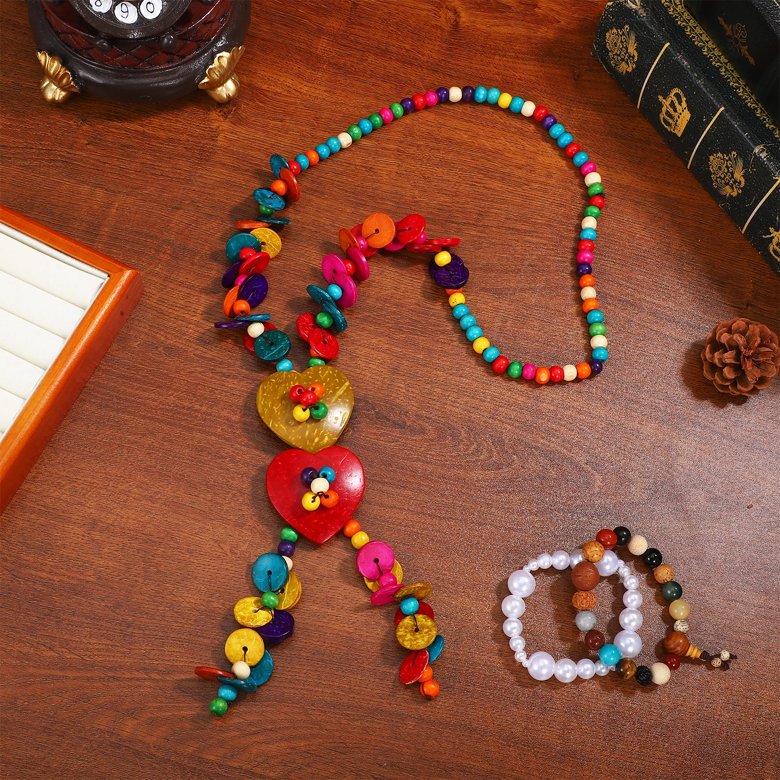

Heart Shape Pendant Necklace Bohemia Style Retro Women Jewelry Gift Coconut Shell Wooden Beads Daily Wear Occasion Casual Formal