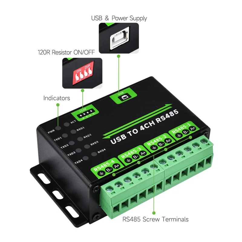 Industrial USB TO 4Ch RS485 Converter Aluminium Alloy Multi Circuits Multi Systems Support