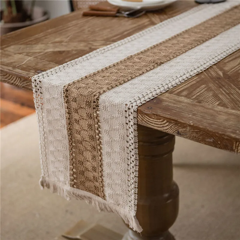 Cotton Linen Table Runners Tassel Runner for Dining Table Decoration Striped Splicing Modern Elegant New Year 2024 Table Track