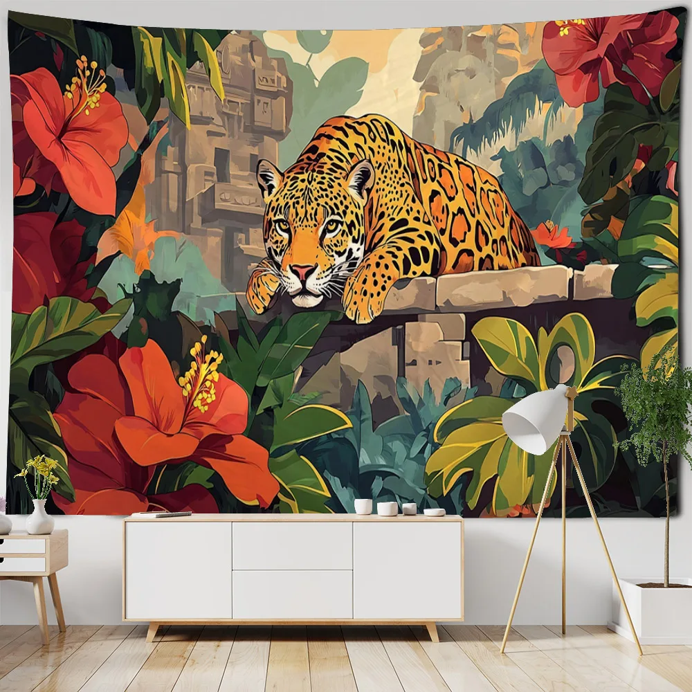 Retro Jungle Leopard Tapestry Animal Art Wall Hanging Cloth Hippie Home Bedroom Living Room Background Poster