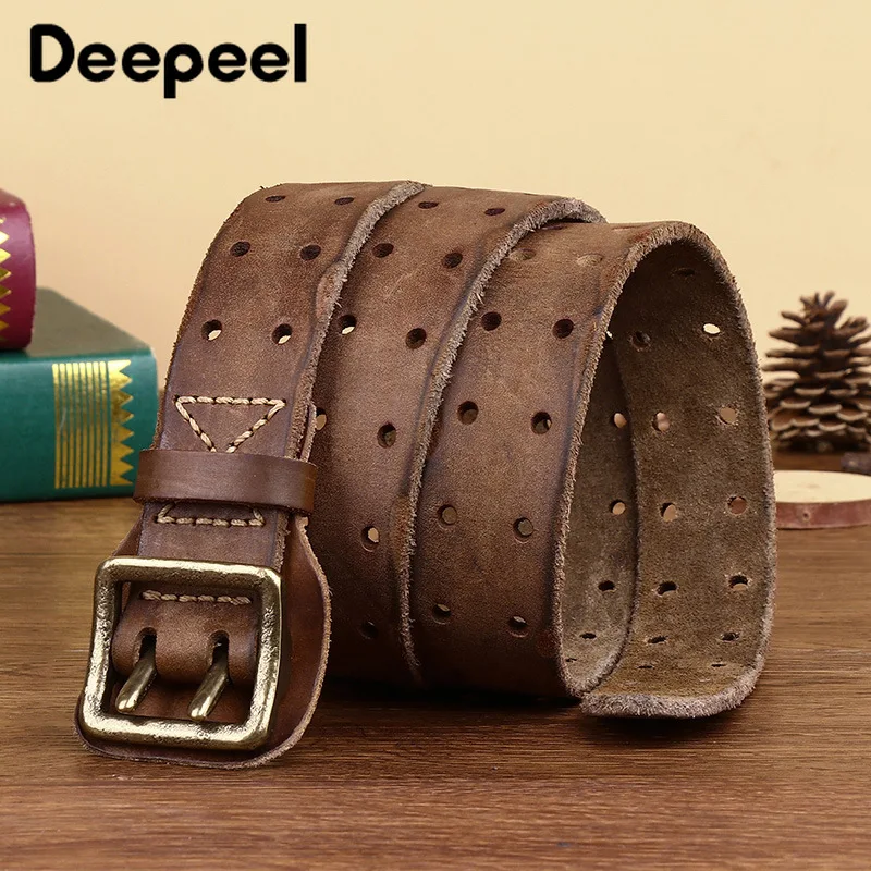 Thick Cowhide Belt Retro Fashion Men's Wide Belt Genuine Leather Double Pin Buckle Strap Cowboy Jeans Belt Waistband Decoration