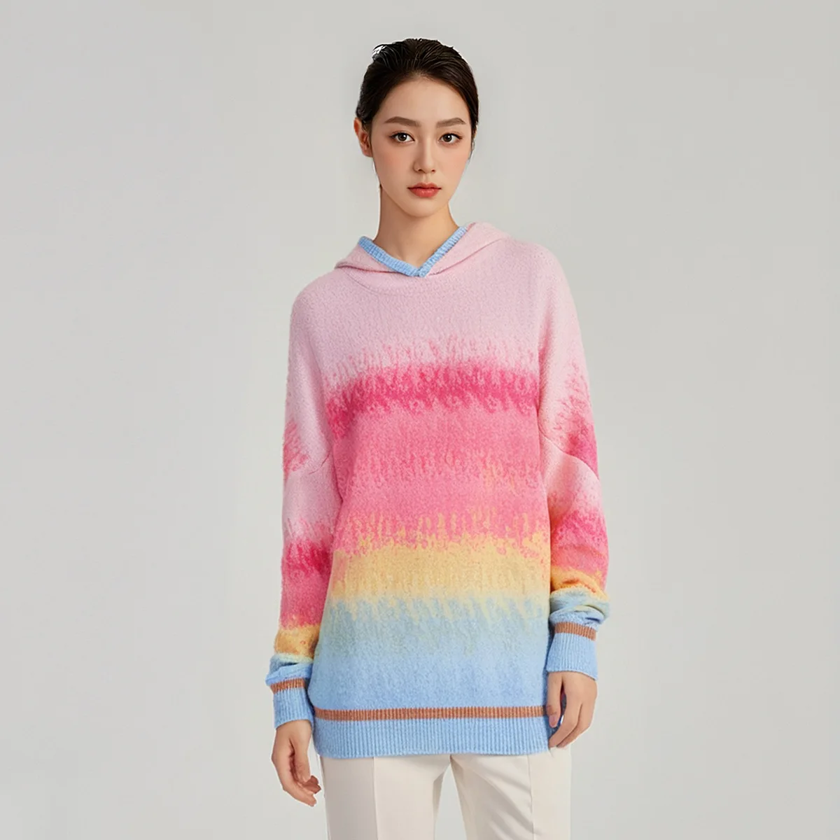 Felpa con cappuccio lavorata a maglia arcobaleno da donna Faionable Versatile Allentato Bianco Casual Lungo Sve rotondo Ne Pullover Maglione Autunno Nuovo Ar...