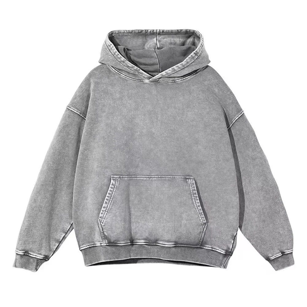 Casual Wear Street Style Grey Washed Hoodie Retro Streetwear 50 Polyester 50 Spandex Regular Length Washed Finish