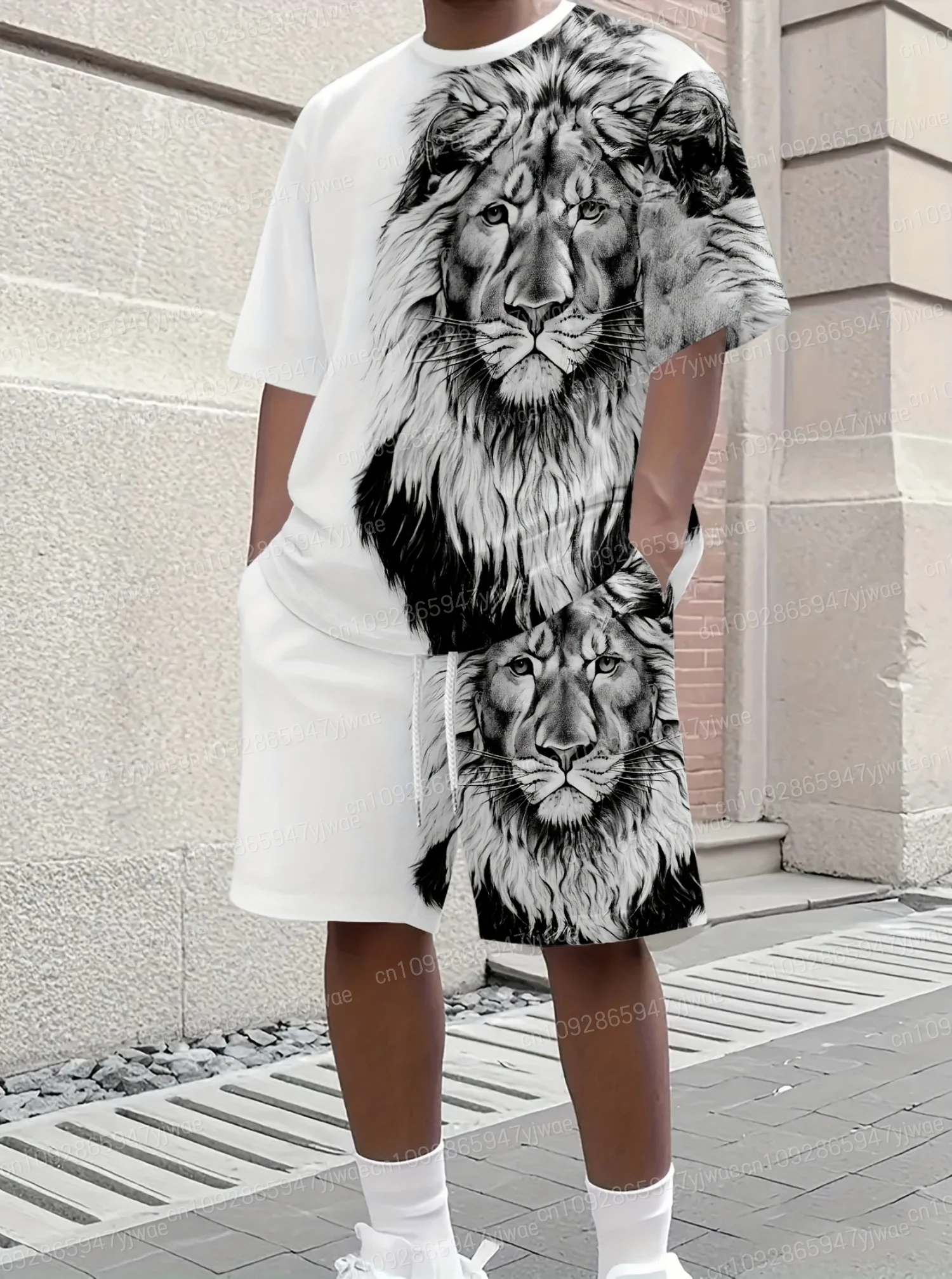 

American Classic Lion Print Plus Size Sport T-Shirt+Shorts Set Men Gym Jogging Luxury Tracksuit Outfit 2 Piece Set Men Clothes