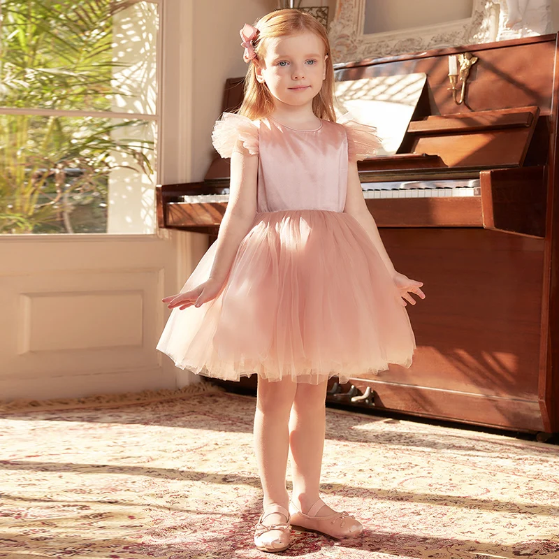 

Pink Satin Prom Dress for Wedding Flower Girl Dress Tulle A-line Puffy Ball Gown Knee length Pageant Princess Dresses Customized