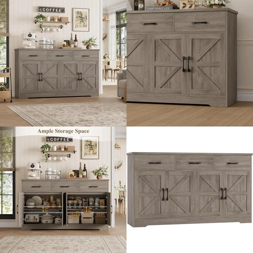 Farmhouse Style Large Buffet Cabinet with Storage, 3 Drawers Kitchen Coffee Bar Sideboard Buffet for Wood Kitchen Decor