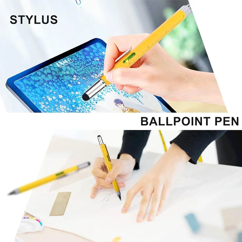 قلم حبر جاف متعدد الوظائف 7 في 1 مع أداة قياس يدوية حديثة ومفك براغي مسطرة تقنية وشاشة تعمل باللمس ومستوى الروح