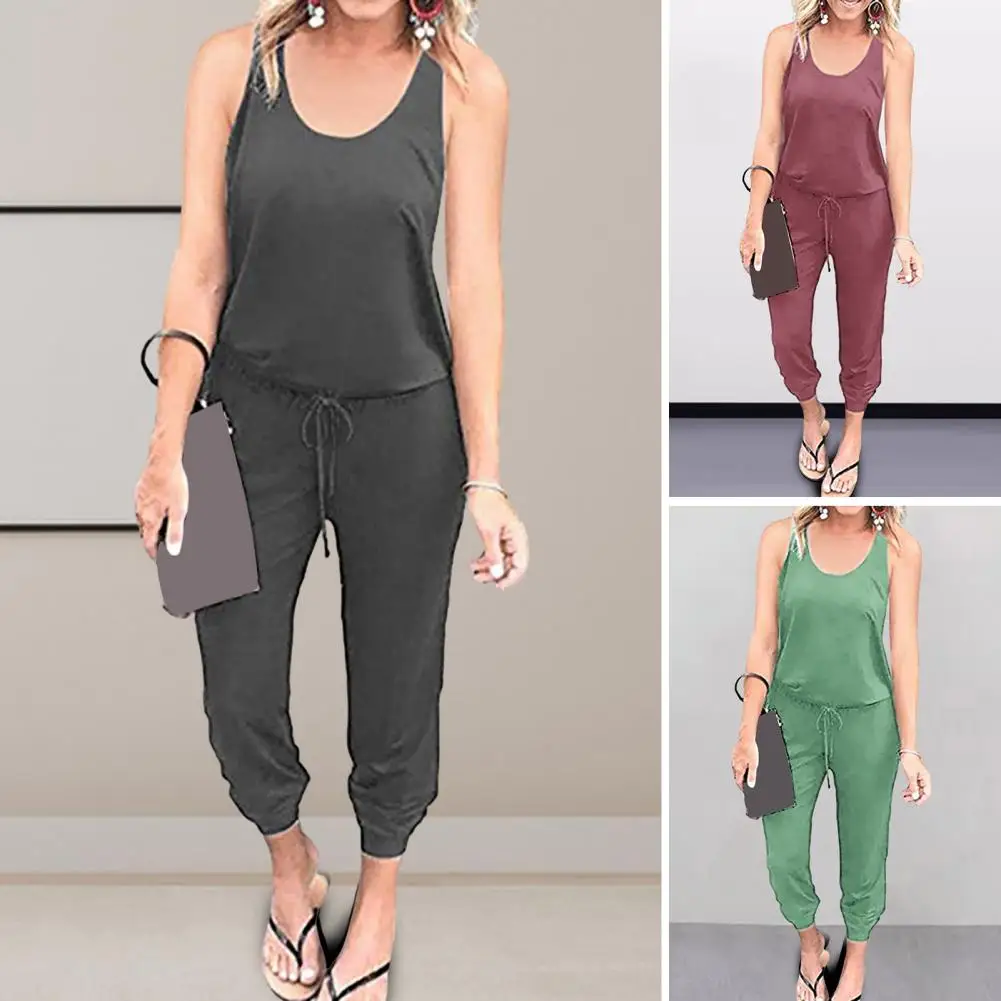 Lightweight Women Jumpsuit Stylish Women's Summer Jumpsuit with Drawstring Waist Ankle Length Casual Daily Wear Sleeveless for A