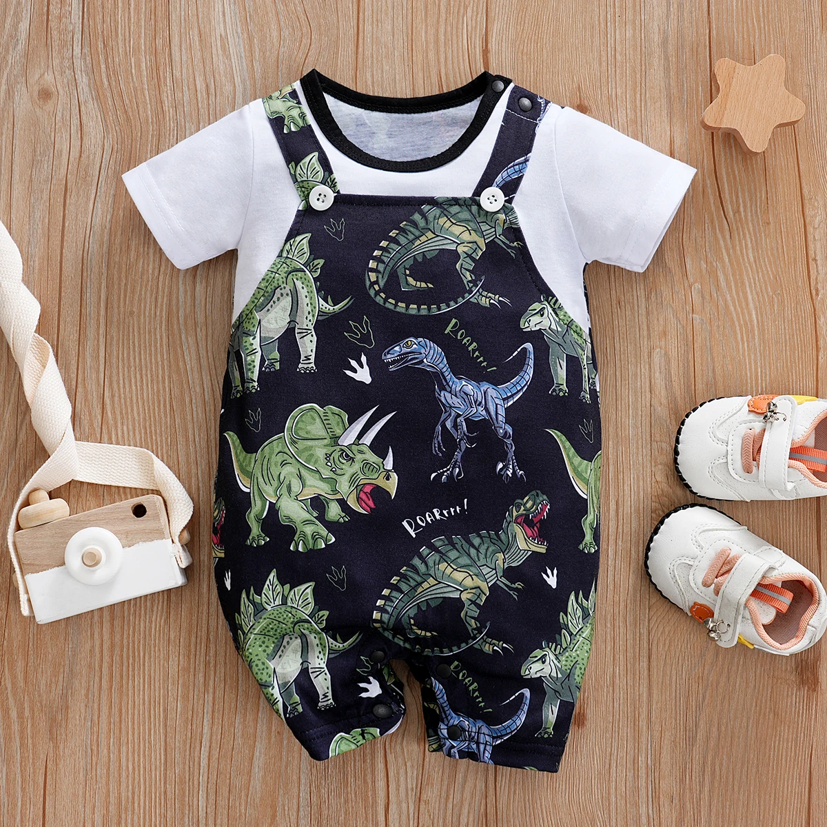 

IURNXB Adorable Baby Romper Boys Cartoon Dinosaur Print Onesie Short Sleeve Soft Casual Infant Bodysuit Summer Outdoor Play Wear